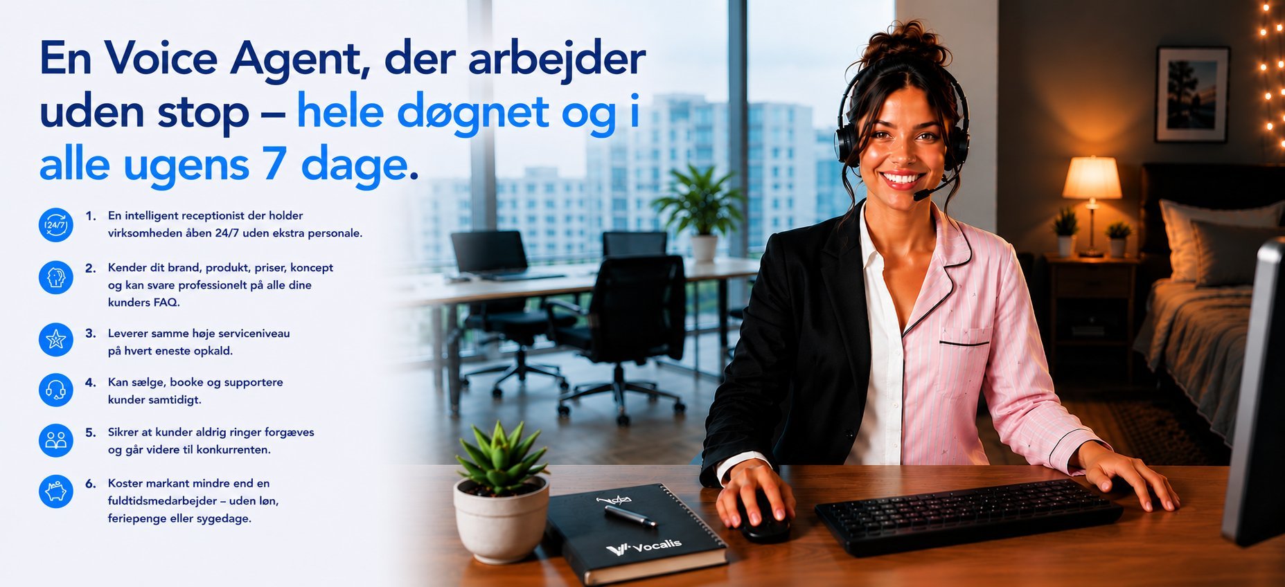 Professional woman at desk in modern office with text promoting a voice agent service available 24/7
