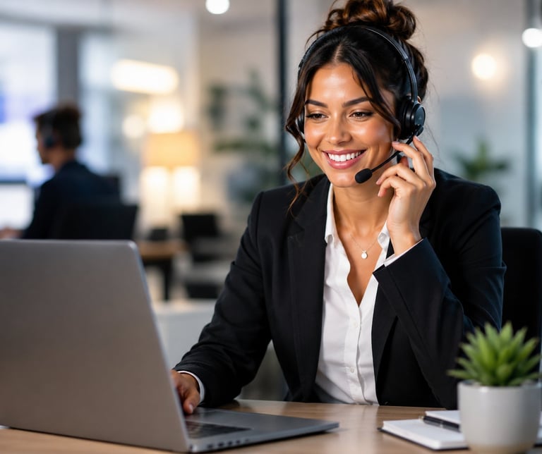 Smiling woman wearing headset and business attire at desk with laptop in modern office setting
