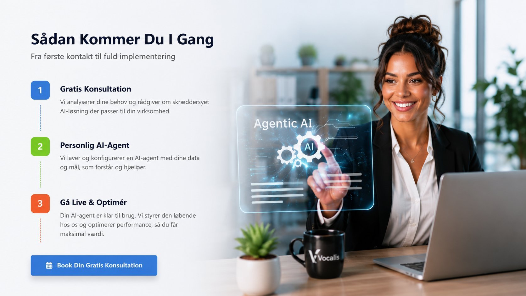 Professional woman at desk with laptop displaying AI technology interface and Swedish service offerings.