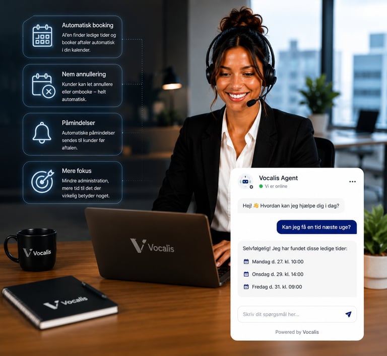 Smiling professional woman at desk with laptop showing Vocalis AI assistant features and scheduling interface on screen