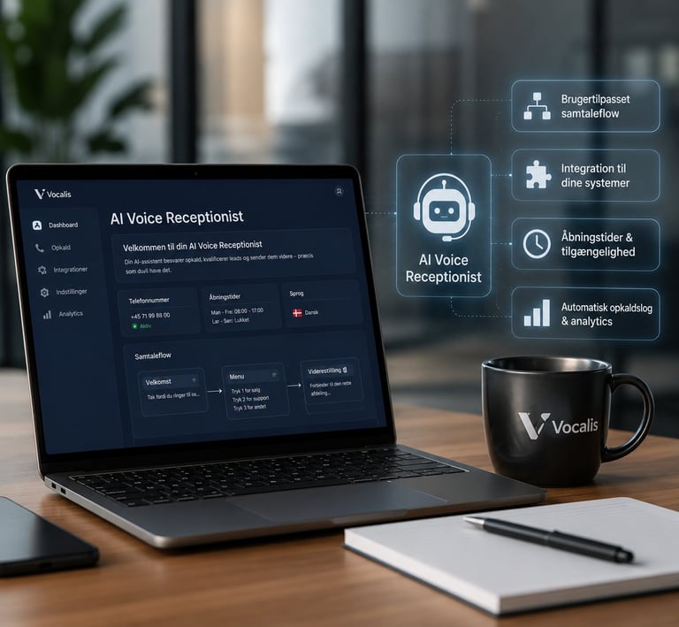 Laptop displaying AI Voice Receptionist dashboard on desk with Vocalis branded mug and feature icons showing integration, analytics, and call capabilities