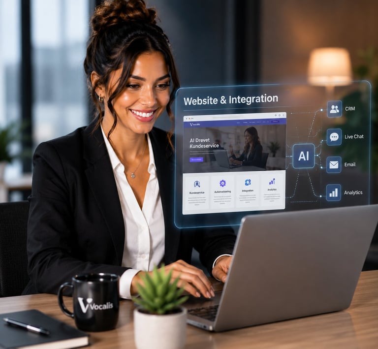 Professional woman at laptop viewing website integration dashboard with AI tools and analytics on screen